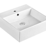 Above Counter Basin MG-7063 with a square design in glossy white ceramic, tap hole, and 32mm waste opening.