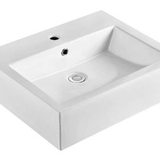 Rectangular Above Counter Basin MG-7005A, glossy white ceramic, dimensions 560 x 450 x 160 mm with a 32mm waste opening and 1 tap hole for modern bathrooms.