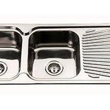 Square Corner Sink BE-118 with double bowl design and polished stainless steel finish.