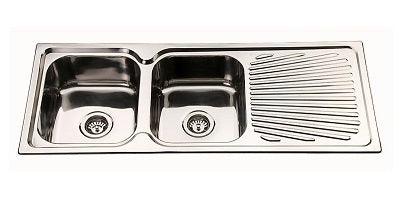 Square Corner Sink BE-118 with double bowl design and polished stainless steel finish.