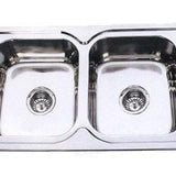 Round Corner Sink BH-138 with double bowls and polished stainless steel finish.