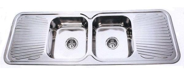 Round Corner Sink BH-138 with double bowls and polished stainless steel finish.