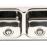 Square Corner Sink BE-138 with double bowl design, side rack, and polished stainless steel finish.
