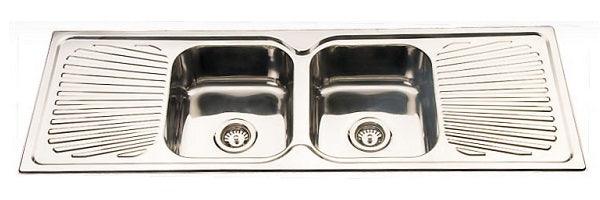 Square Corner Sink BE-138 with double bowl design, side rack, and polished stainless steel finish.
