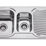 Round Corner Sink BH-98 with polished stainless steel finish, two spacious bowls, and a side drainer.