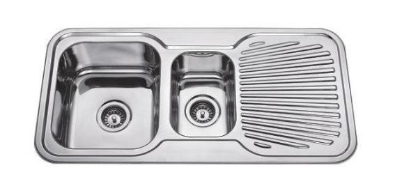 Round Corner Sink BH-98 with polished stainless steel finish, two spacious bowls, and a side drainer.