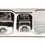 Square Corner Sink BE-98 with polished stainless steel finish, two spacious bowls, and a side drainer.