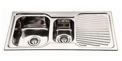 Square Corner Sink BE-98 with polished stainless steel finish, two spacious bowls, and a side drainer.