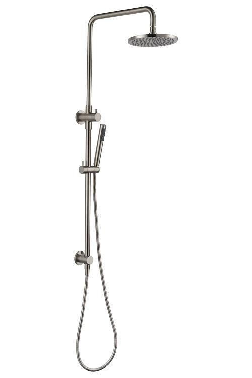 Brushed Nickel Dual Shower with Diverter BNB-305 – 200mm showerhead, handheld shower, and solid brass rail.