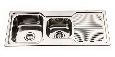 Square Corner Sink BE-108 with double bowl design, stainless steel finish.