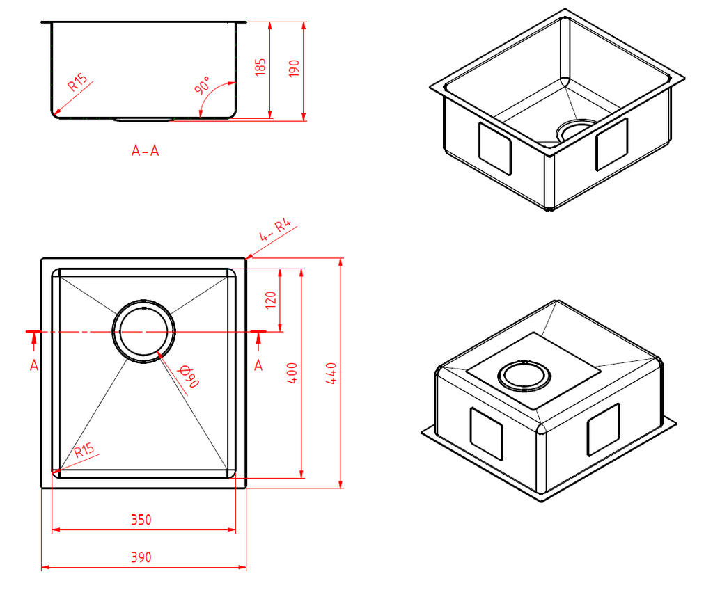 390mm Square Undermount Sink