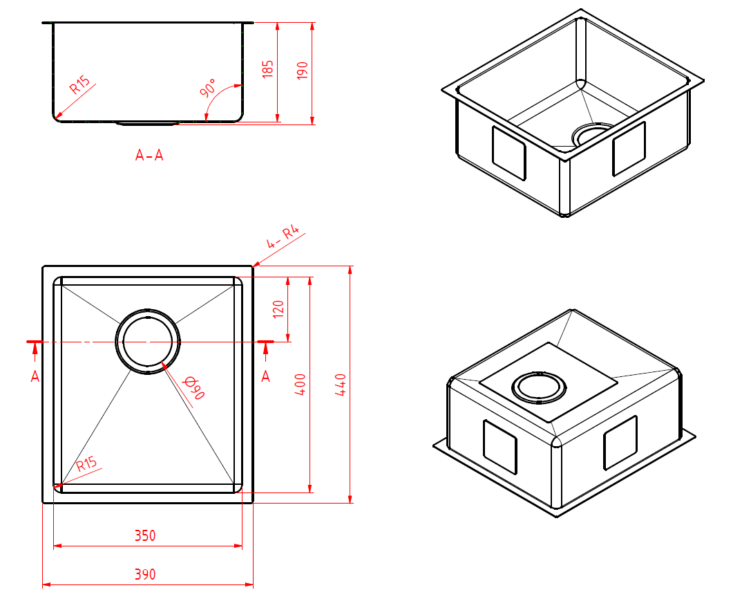 390mm Square Undermount Sink