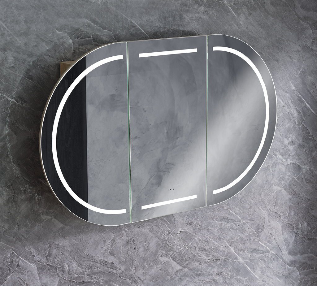 1200mm Amber LED Shaving Cabinet with Mirror – Oval Butterfly Design in Matt White or Natural Timber