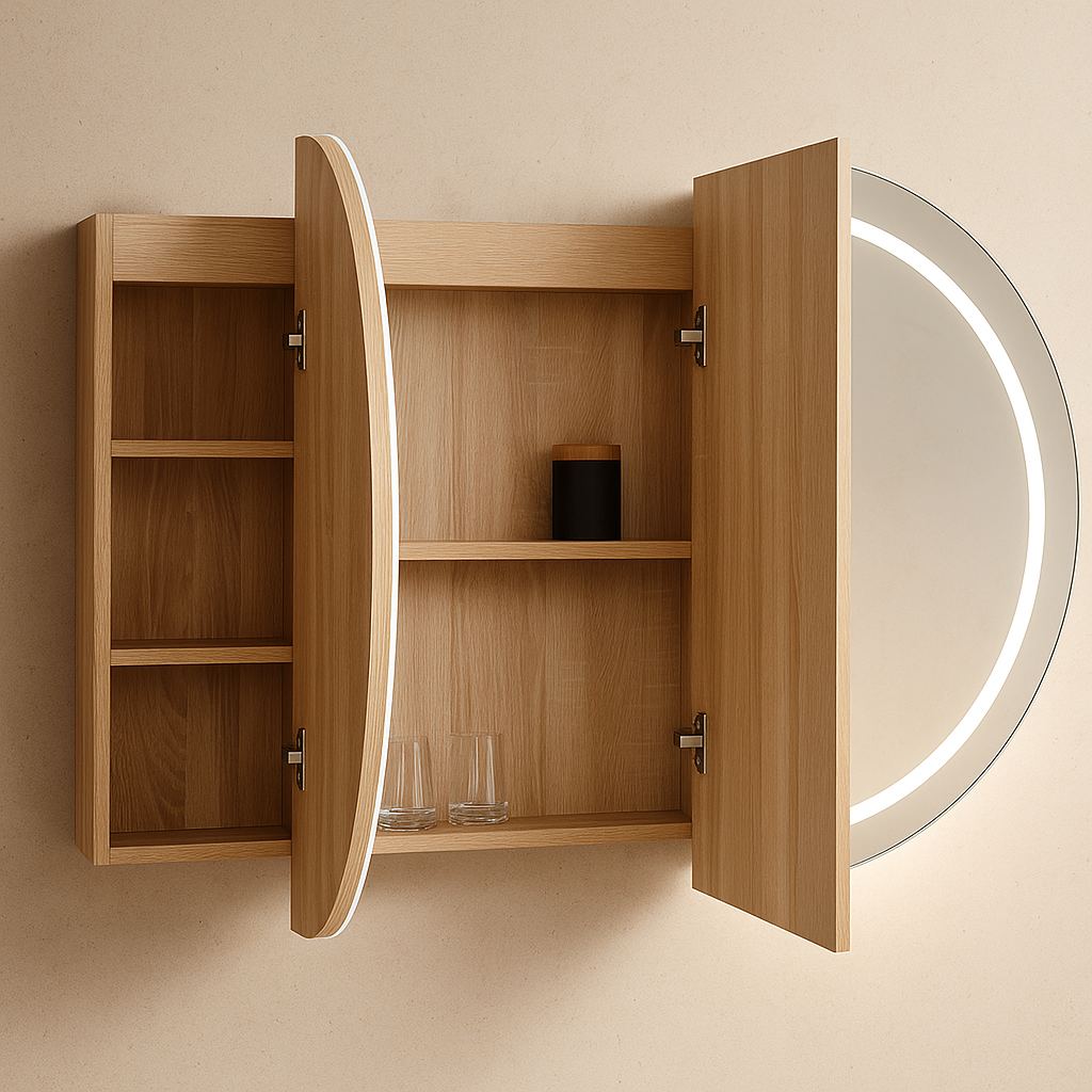 1200mm Amber LED Shaving Cabinet with Mirror – Oval Butterfly Design in Matt White or Natural Timber