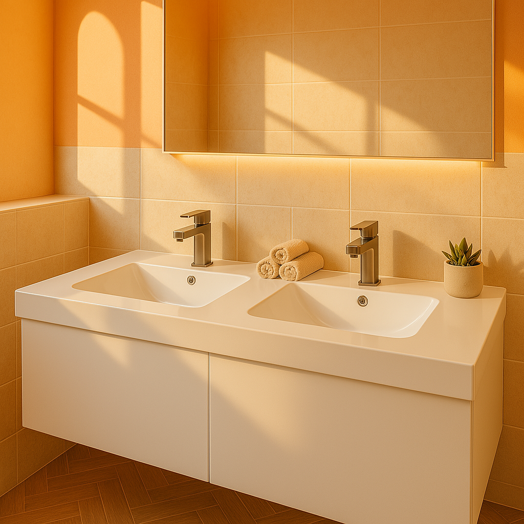 1500mm Double Bowl Vanity Top – Twin Ceramic Basin with Tap Holes