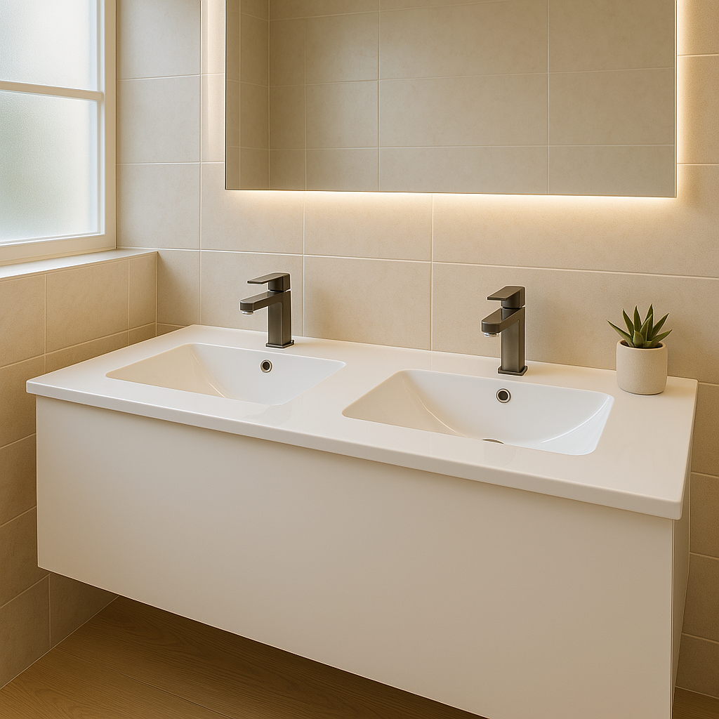 1800mm Double Bowl Vanity Top – Ceramic Twin Basin with Tap Hole Options