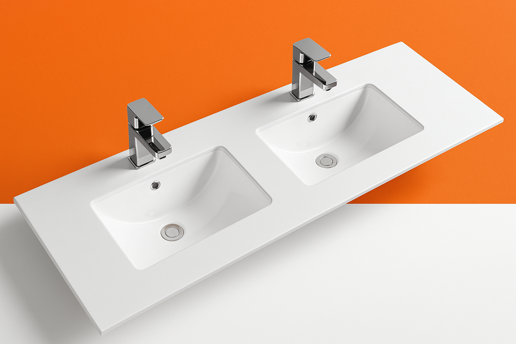 1200mm Double Bowl Vanity Top – Twin Ceramic Basins with Tap Holes