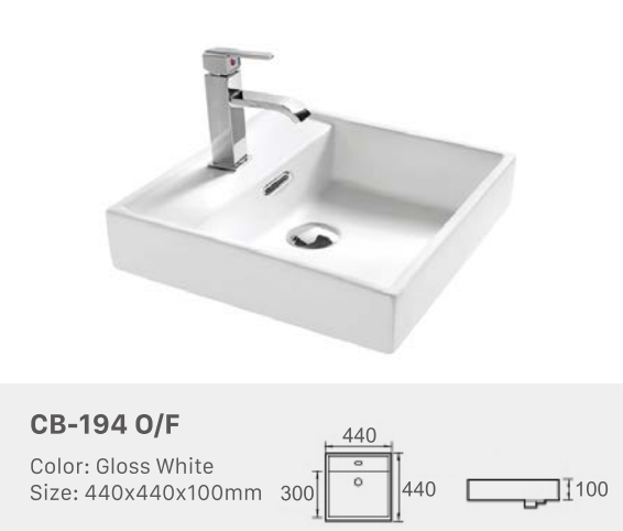 Square Ceramic Basin – Above Counter Slimline Top (No Overflow)440mmx440mmx100mm