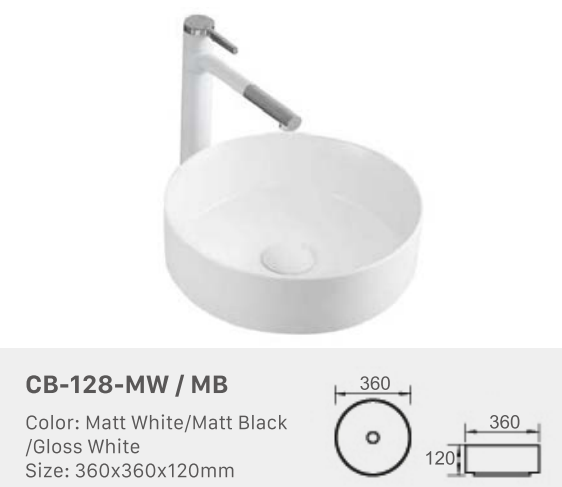 Round Countertop Ceramic Basin – CB-126 & CB-128 Models in Matte and Glazed Finishes