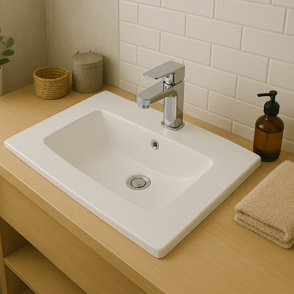 600mm Single Bowl Vanity Top – Gloss White Ceramic Basin with Tap Hole