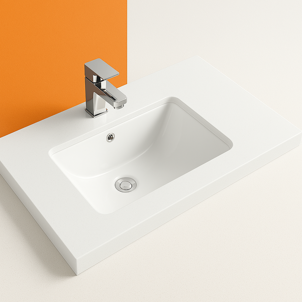 750mm Single Bowl Vanity Top – Gloss White Ceramic Basin with Tap Hole