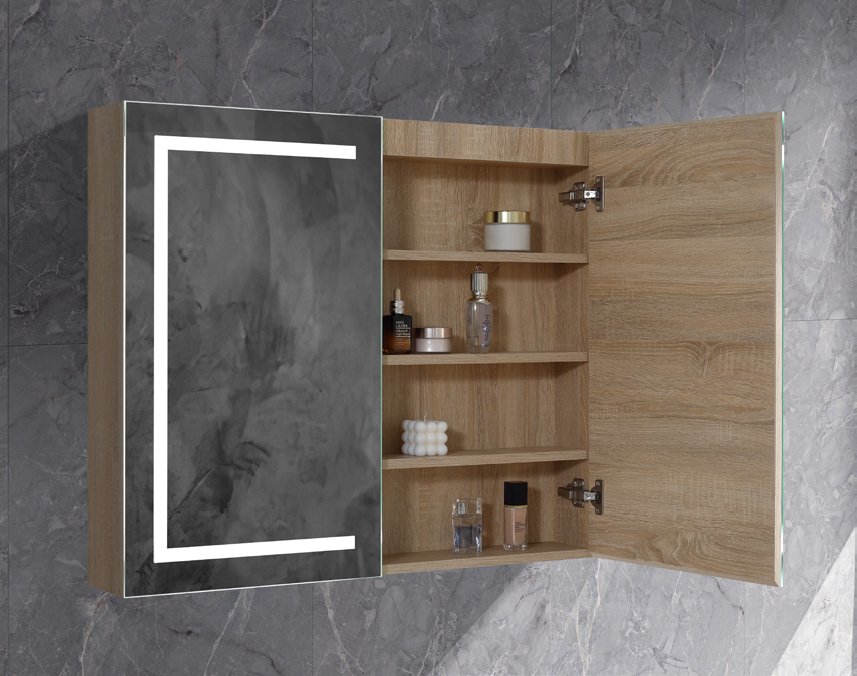 900mm Brighton LED Shaving Cabinet – Pencil Edge Mirror with Butterfly Doors in Natural Timber or Matt White