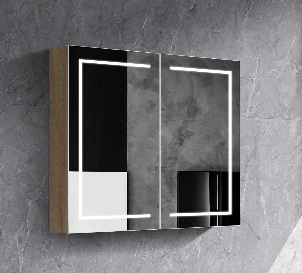 750mm Brighton LED Shaving Cabinet – Pencil Edge Mirror with Butterfly Doors in Natural Timber or Matt White