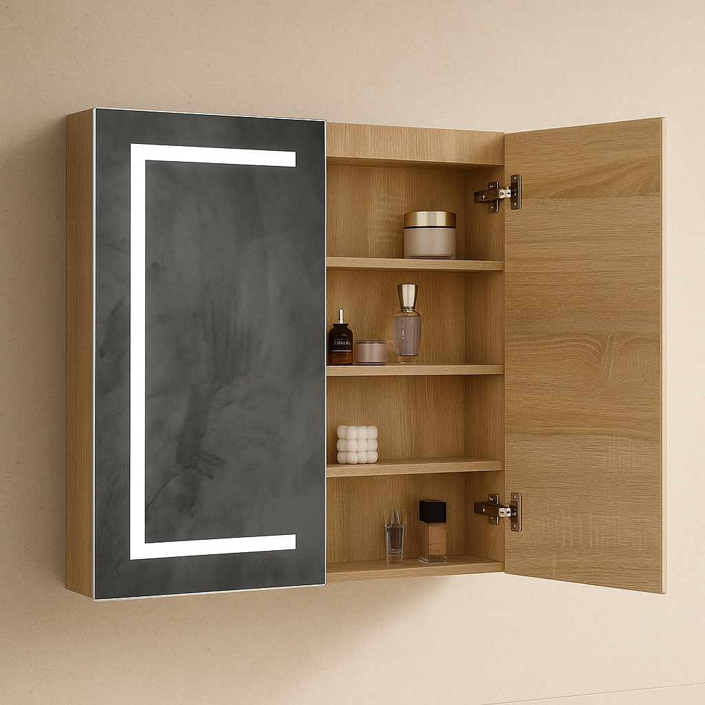 900mm Brighton LED Shaving Cabinet – Pencil Edge Mirror with Butterfly Doors in Natural Timber or Matt White