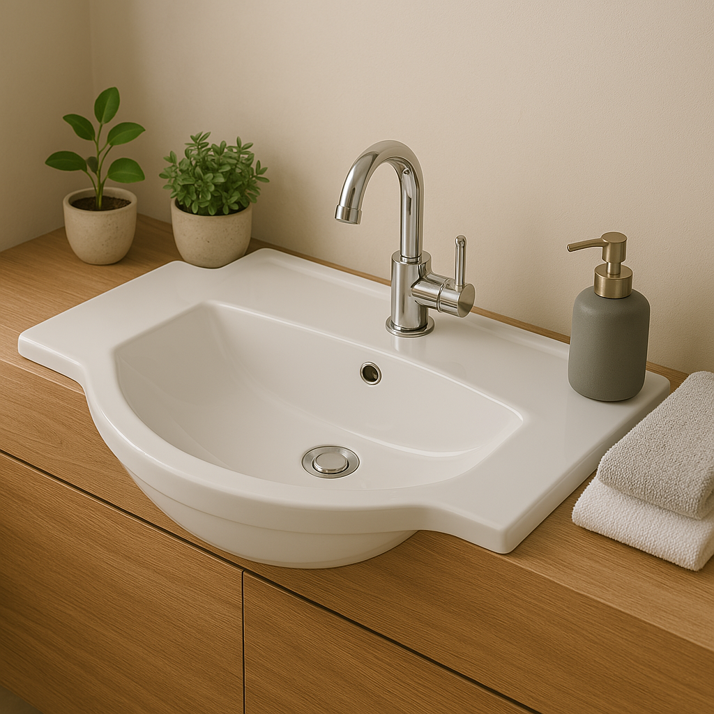 900mm Semi-Recessed Vanity Top – Ceramic Slimline Basin with Mini Thick Top