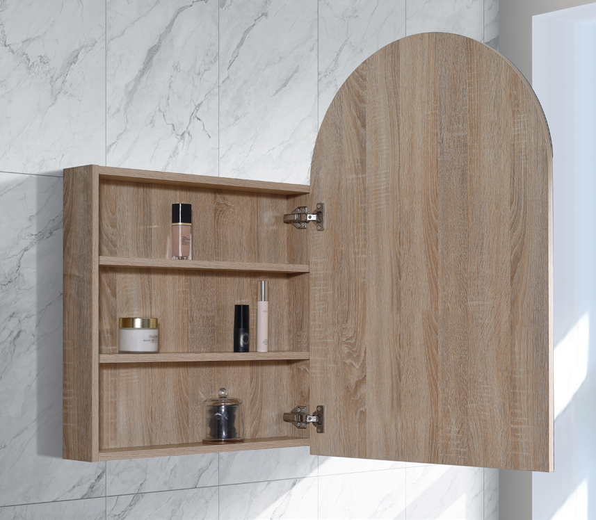 ARCH LED Shaving Cabinet – Arched Mirror with Soft Closing Door in Natural Timber or Matt White