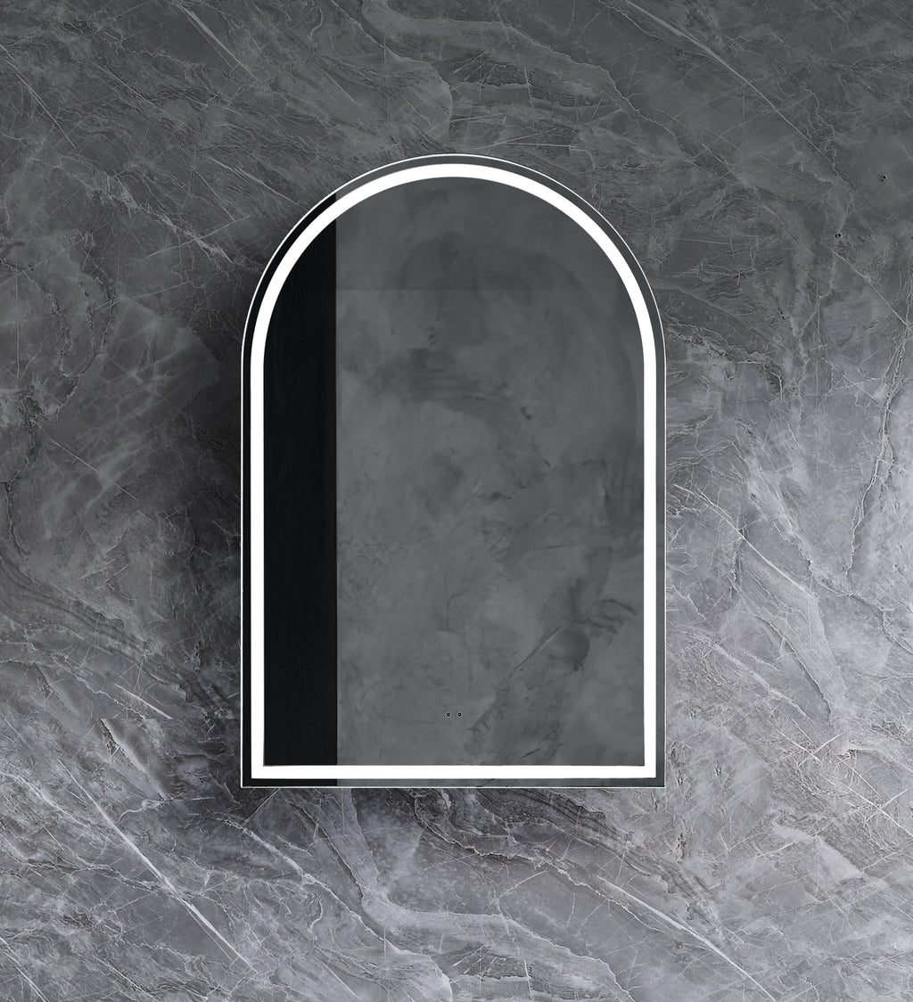 ARCH LED Shaving Cabinet – Arched Mirror with Soft Closing Door in Natural Timber or Matt White
