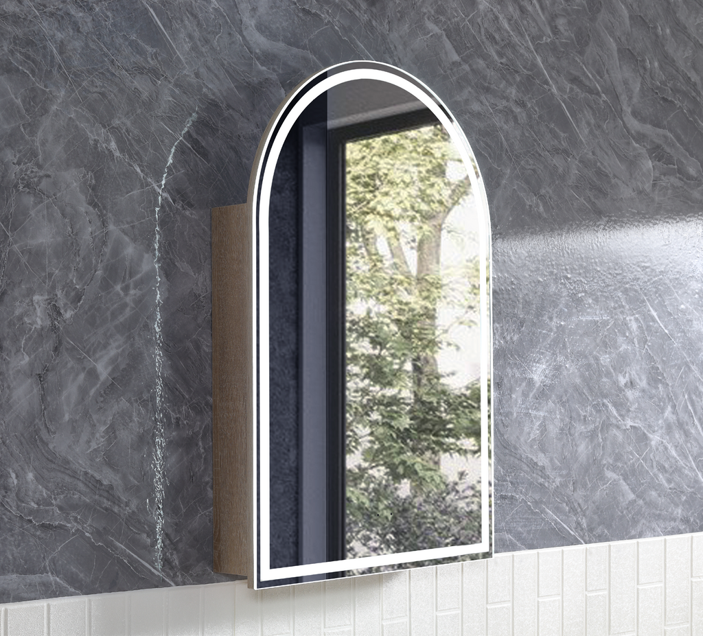 ARCH LED Shaving Cabinet – Arched Mirror with Soft Closing Door in Natural Timber or Matt White