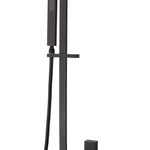 Black Square Shower Rail with solid brass rail and elbow, featuring a handheld shower and a sleek matte black finish. Provides eco-friendly water flow of 9L/min with a modern square design for bathrooms.