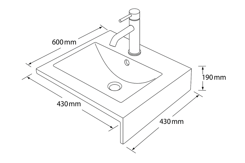 Ceramic Vanity Basin –  Gloss White with Single Tap Hole 600mmx360mmx190mm