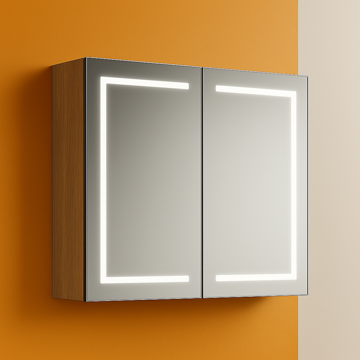750mm Brighton LED Shaving Cabinet – Pencil Edge Mirror with Butterfly Doors in Natural Timber or Matt White