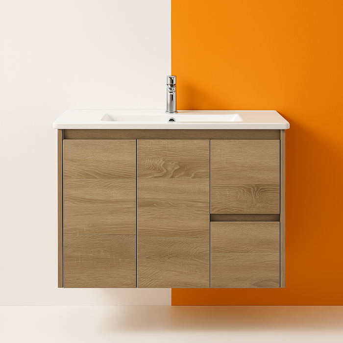 Royce 900RA1 Wall Hung Vanity 460mm  – Timber Look Melamine Finish with Soft Close Drawers