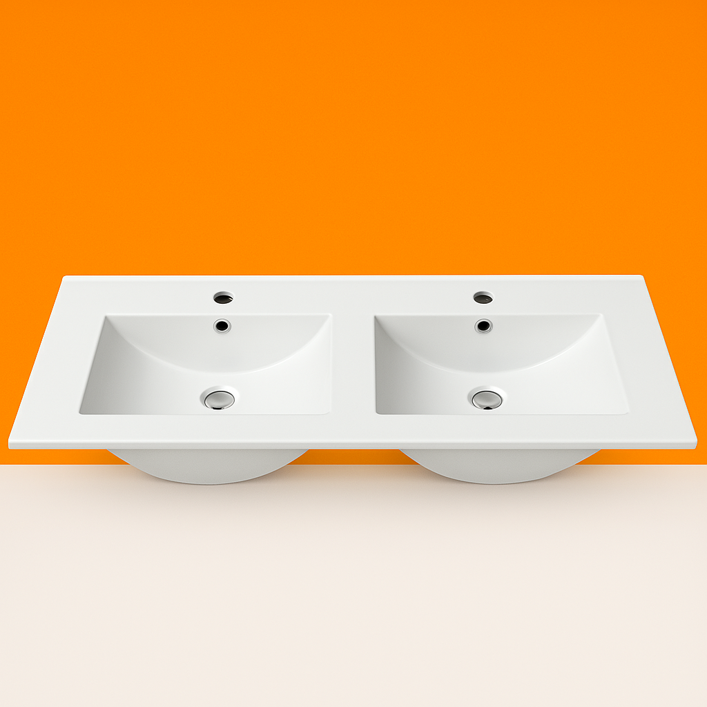 Double Bowl Vanity Top – Gloss White Wave Slimline Ceramic Basin1800mmx460mmx200mm