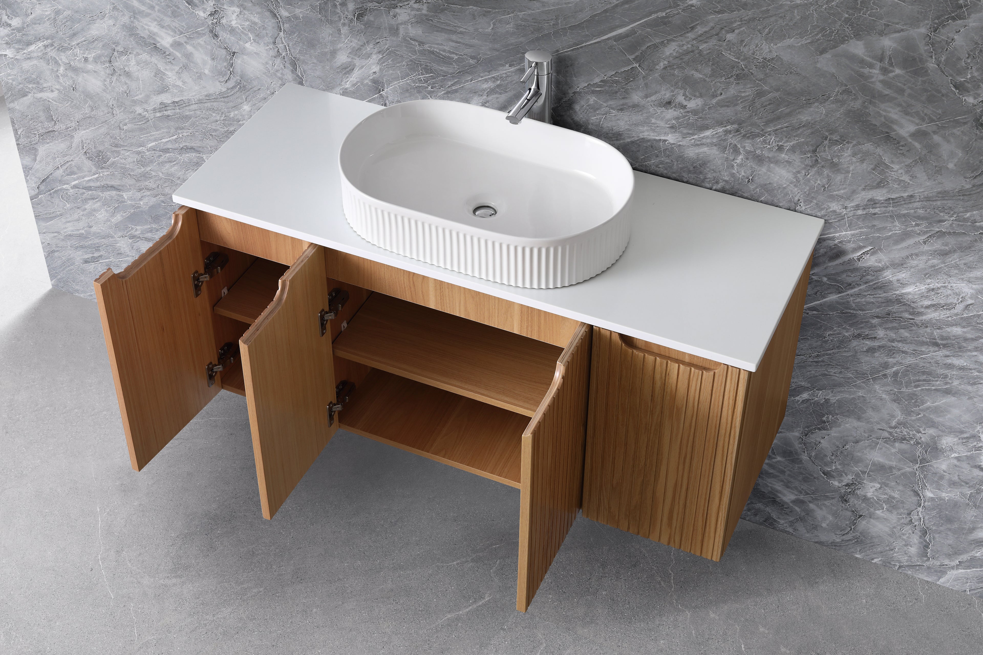 Duplex 520mm Wall Hung Vanity 1500mm – Grooved Panel Design with Organisers