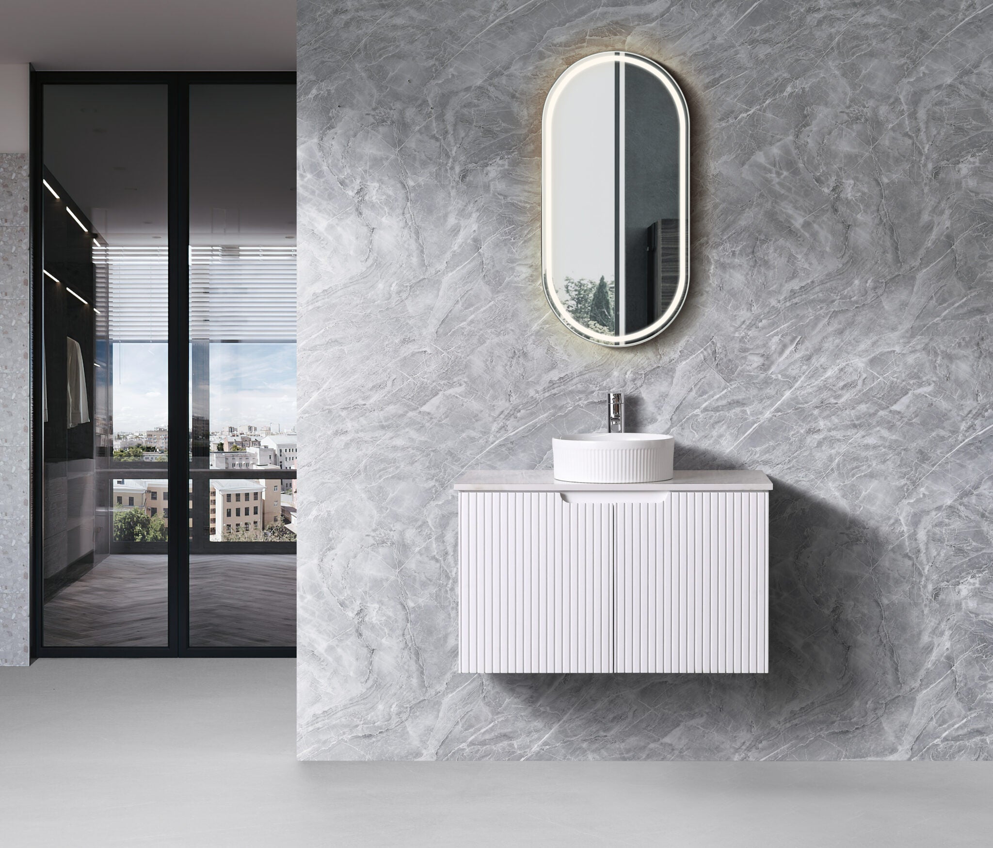 Duplex Wall Hung Vanity 900mm – Grooved Panel Design with Organisers
