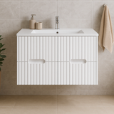 Elena 460mm Wall Hung Vanity 1200mm– Grooved Panel Design in Antica Timber, Matt White & Matt Black