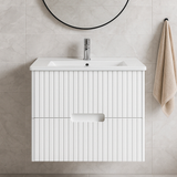 Elena 460mm Wall Hung Vanity 750mm– Grooved Panel Design in Antica Timber, Matt White & Matt Black
