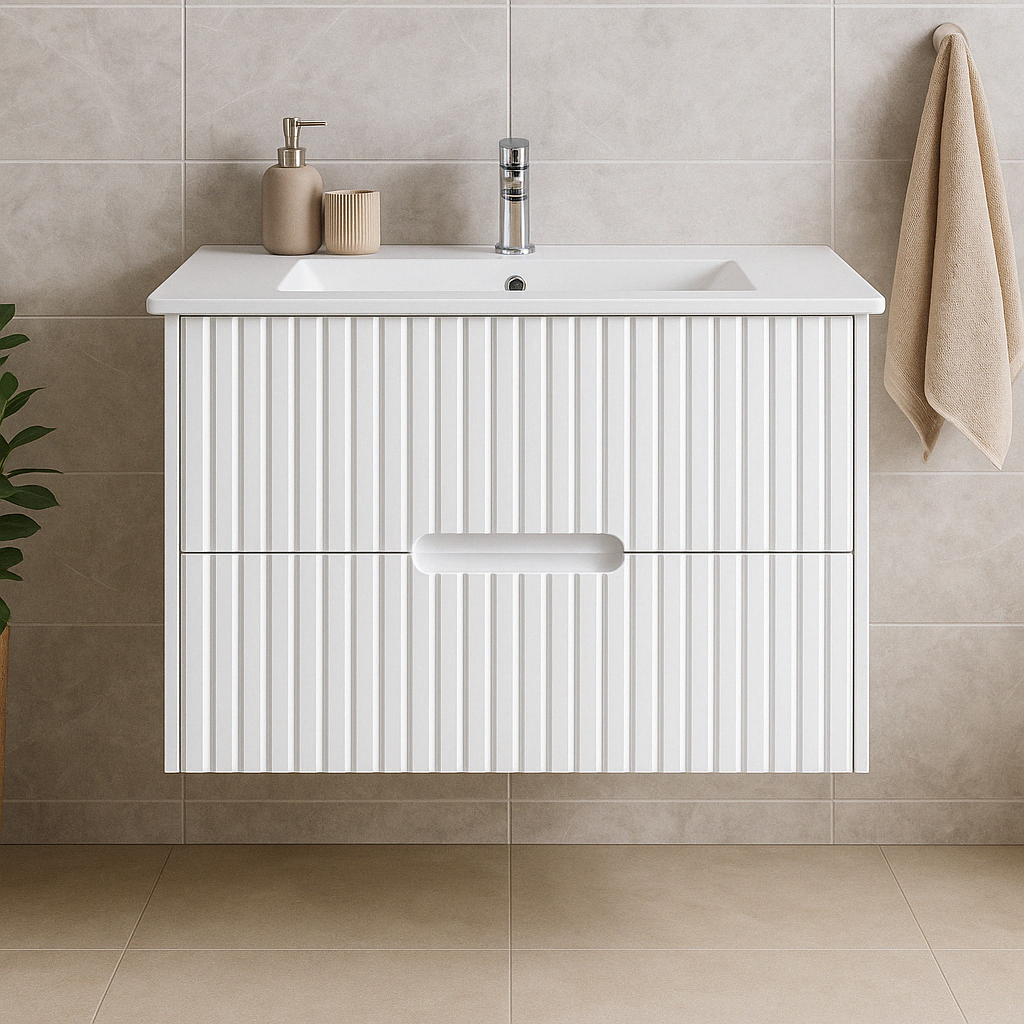 Elena 460mm Wall Hung Vanity 900mm– Grooved Panel Design in Antica Timber, Matt White & Matt Black