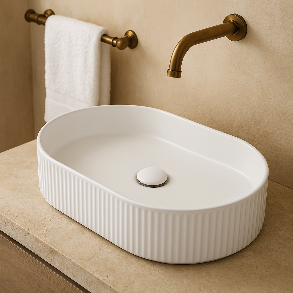 Fluted Oval Above-Counter Basin Ribbed Ceramic Design