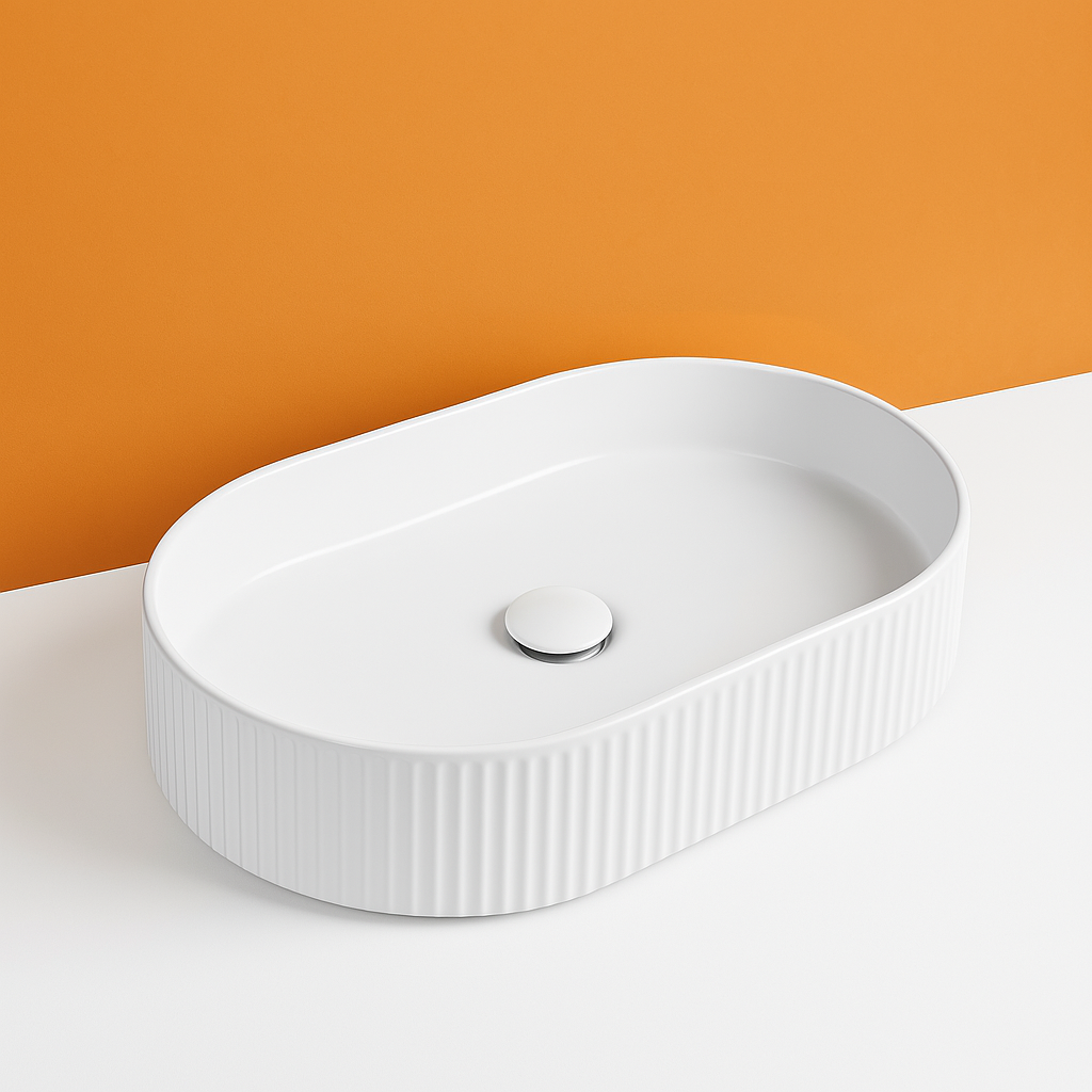 Fluted Oval Above-Counter Basin Ribbed Ceramic Design