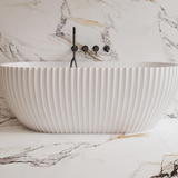 LAMONT-150 Matte White Freestanding Back to Wall Bath – 1500mm Fluted Oval Design
