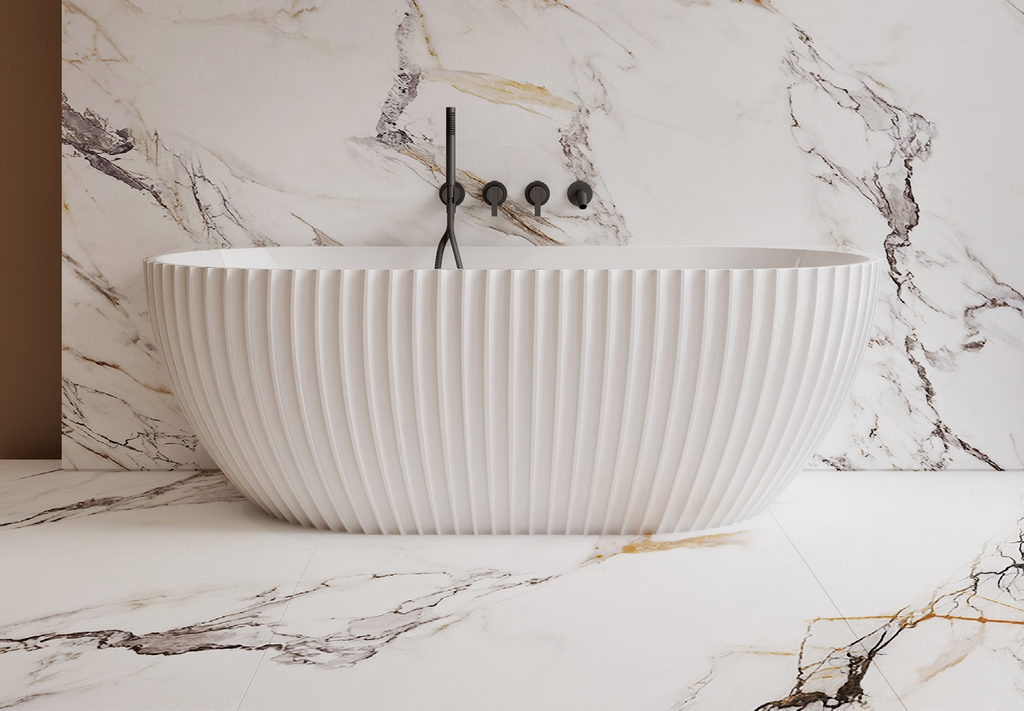 LAMONT-150 Matte White Freestanding Back to Wall Bath – 1500mm Fluted Oval Design