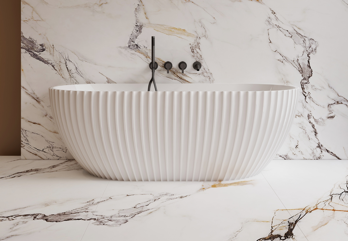 LAMONT-150 Matte White Freestanding Back to Wall Bath – 1500mm Fluted Oval Design