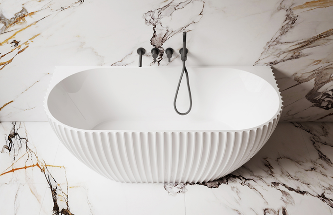 LAMONT-150 Matte White Freestanding Back to Wall Bath – 1500mm Fluted Oval Design