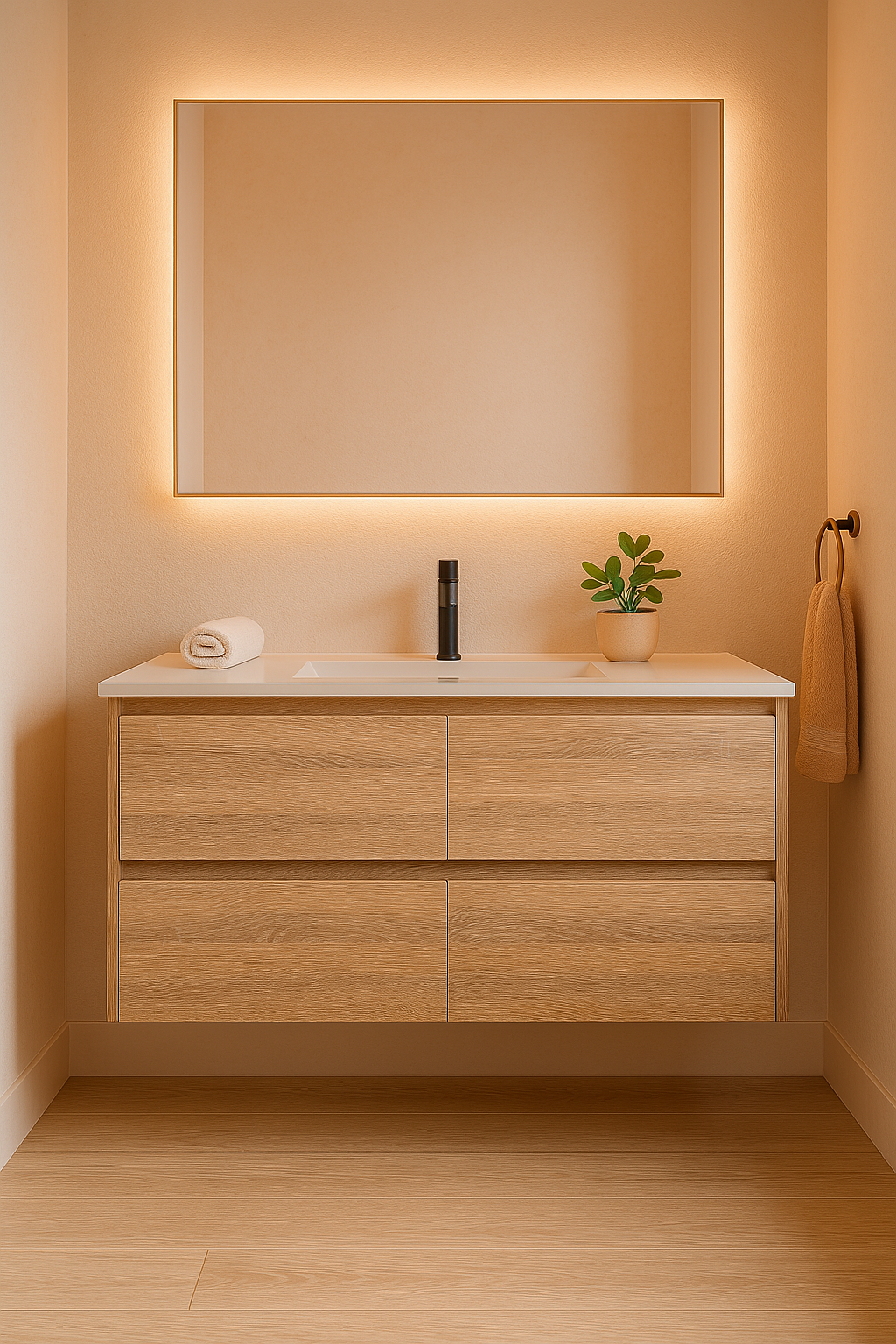 Mina 1200DA1 Wall Hung Vanity 460mm – Timber Look Melamine Finish with Soft Close Drawers