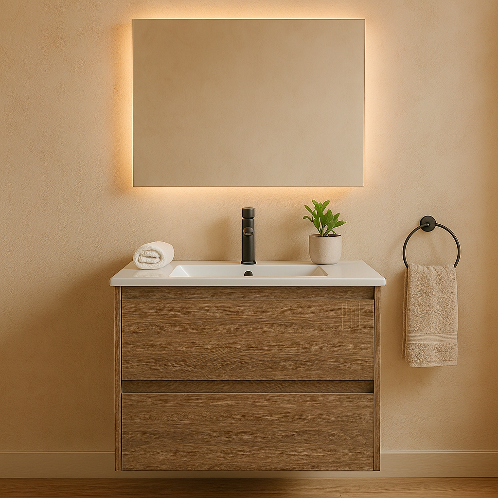 Mina 600A1 Wall Hung Vanity 460mm – Timber Look Melamine Finish with Soft Close Drawers